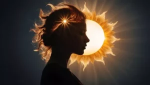 silhouette de femme avec lumière rayonnante dans la tête sur fond de soleil